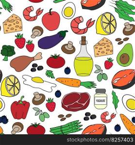 Ketogenic diet. Big set seamless pattern on white background. Vector illustration.. Ketogenic diet. Big set seamless pattern on white background