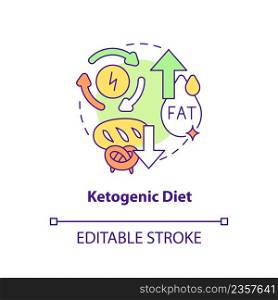 Ketogenic diet concept icon. High fats and low carbs nutrition. Trendy diets abstract idea thin line illustration. Isolated outline drawing. Editable stroke. Arial, Myriad Pro-Bold fonts used. Ketogenic diet concept icon