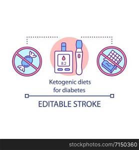 Ketogenic dietes for diabetes concept icon. Keto dieting benefits idea thin line illustration. Healthy nutrition. Diabetic therapy. Balanced food. Vector isolated outline drawing. Editable stroke