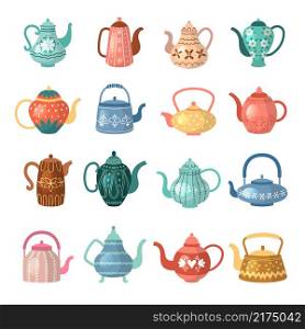 Kettle for hot drinks. Colored flat decorative kitchen ceramic pots recent vector illustrations set isolated. Kettle colored for kitchen, ceramic pot. Kettle for hot drinks. Colored flat decorative kitchen ceramic pots recent vector illustrations set isolated