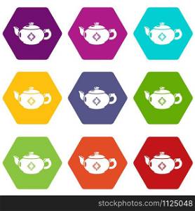 Kettle glass icons 9 set coloful isolated on white for web. Kettle glass icons set 9 vector