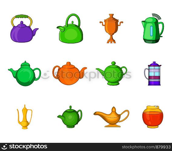 Kettle icon set. Cartoon set of kettle vector icons for web design isolated on white background. Kettle icon set, cartoon style
