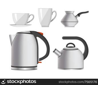 Kettle kitchen tableware modern home appliance vector. Isolated icons set of electronic devices with handles, mugs and cups. Kitchenware machines. Kettle Kitchen Tableware Modern Home Appliance