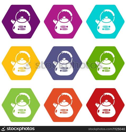 Kettle metal icons 9 set coloful isolated on white for web. Kettle metal icons set 9 vector
