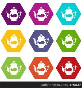 Kettle porcelain icons 9 set coloful isolated on white for web. Kettle porcelain icons set 9 vector
