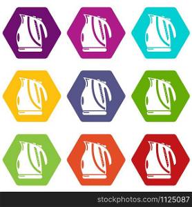 Kettle power icons 9 set coloful isolated on white for web. Kettle power icons set 9 vector