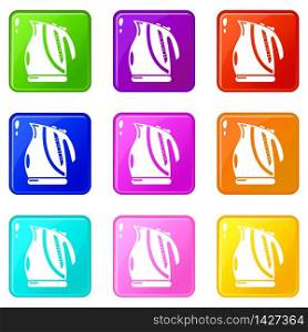 Kettle power icons set 9 color collection isolated on white for any design. Kettle power icons set 9 color collection