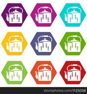 Kettle retro icons 9 set coloful isolated on white for web. Kettle retro icons set 9 vector