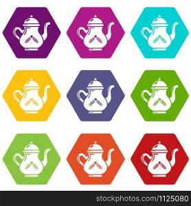 Kettle tea icons 9 set coloful isolated on white for web. Kettle tea icons set 9 vector