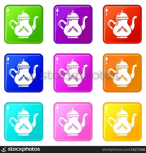 Kettle tea icons set 9 color collection isolated on white for any design. Kettle tea icons set 9 color collection