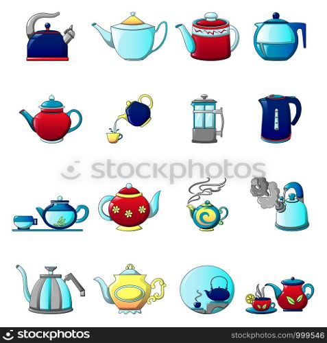Kettle teapot icons set. Cartoon illustration of 16 kettle teapot vector icons for web. Kettle teapot icons set, cartoon style