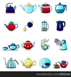 Kettle teapot icons set. Cartoon illustration of 16 kettle teapot vector icons for web. Kettle teapot icons set, cartoon style