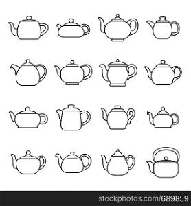 Kettle teapot icons set. Outline illustration of 16 kettle teapot alcohol logo vector icons for web. Kettle teapot icons set, outline style