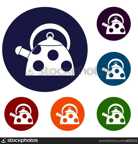 Kettle with white dots icons set in flat circle reb, blue and green color for web. Kettle with white dots icons set