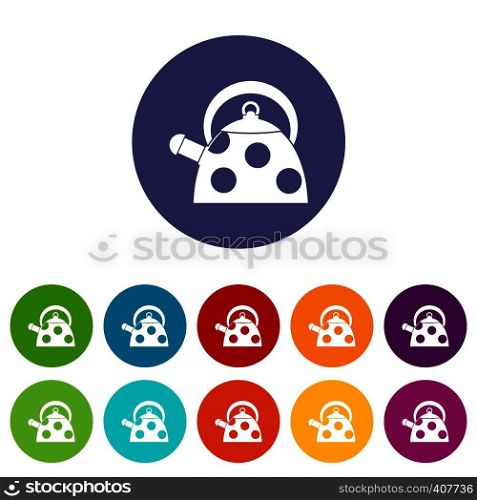 Kettle with white dots set icons in different colors isolated on white background. Kettle with white dots set icons