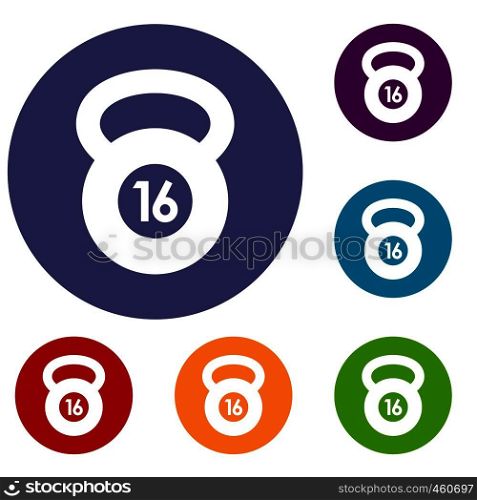 Kettlebell icons set in flat circle reb, blue and green color for web. Kettlebell icons set