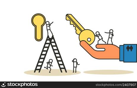 Key achievement business takeaway concept vector illustration success solution. Strategy creative hand leadership plan with keyhole. Lock process target banner motivation. Unlock kpi security system