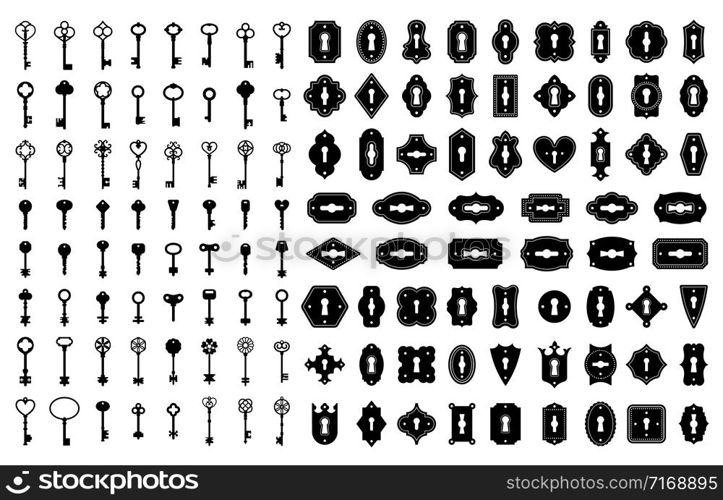 Key and keyhole silhouettes. Old house door keys, vintage lock keyholes frames and retro key silhouette icon vector set. Collection of elegant decorative antique and modern keyways of various shapes.. Key and keyhole silhouettes. Old house door keys, vintage lock keyholes frames and retro key silhouette icon vector set