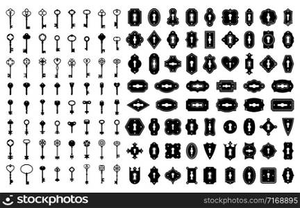 Key and keyhole silhouettes. Old house door keys, vintage lock keyholes frames and retro key silhouette icon vector set. Collection of elegant decorative antique and modern keyways of various shapes.. Key and keyhole silhouettes. Old house door keys, vintage lock keyholes frames and retro key silhouette icon vector set