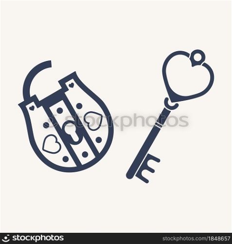 .Key and lock. Home and office security concept, retro key and antic lock silhouettes, logo graphic template. Vector illustration image vintage padlocker with key. Key and lock. Home and office security concept, retro key and antic lock silhouettes, logo graphic template. Vector illustration