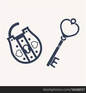 .Key and lock. Home and office security concept, retro key and antic lock silhouettes, logo graphic template. Vector illustration image vintage padlocker with key. Key and lock. Home and office security concept, retro key and antic lock silhouettes, logo graphic template. Vector illustration