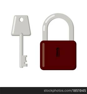 Key and lock, vector. Metal padlock for security. Cartoon, flat illustration.. Key and lock, vector.