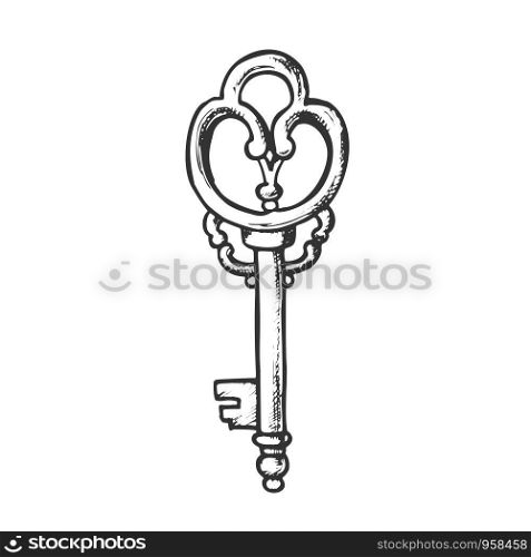 Key Antique Access Device Ink Hand Drawn Vector. Brass Material Aged Key For Open Door Or Gate. Decorative Wealth Handmade Equipment Template Designed In Vintage Style Black And White Illustration. Key Antique Access Device Ink Hand Drawn Vector