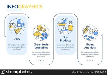 Key bone health nutrients rectangle infographic template. Grains and nuts. Data visualization with 4 steps. Process timeline info chart. Workflow layout with line icons. Lato-Bold, Regular fonts used. Key bone health nutrients rectangle infographic template