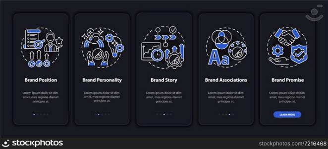Key brand elements dark onboarding mobile app page screen. Business value walkthrough 5 steps graphic instructions with concepts. UI, UX, GUI vector template with night mode illustrations. Key brand elements dark onboarding mobile app page screen