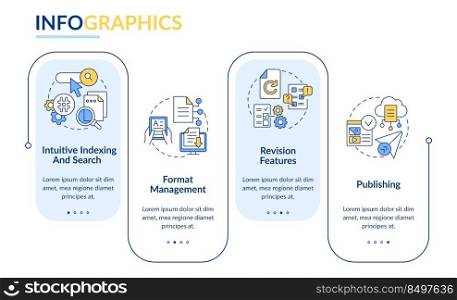 Key CMS characteristics rectangle infographic template. Intuitive search. Data visualization with 4 steps. Editable timeline info chart. Workflow layout with line icons. Lato-Bold, Regular fonts used. Key CMS characteristics rectangle infographic template