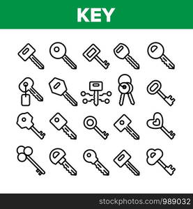 Key Collection Different Elements Icons Set Vector Thin Line. Key In Heart Form, Ancient And Modern, Electronic And Classical Concept Linear Pictograms. Monochrome Contour Illustrations. Key Collection Different Elements Icons Set Vector