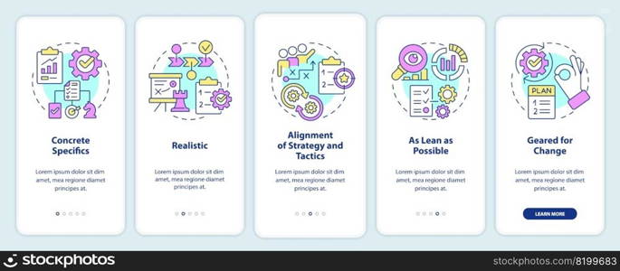 Key elements of business plan onboarding mobile app screen. Strategy walkthrough 5 steps editable graphic instructions with linear concepts. UI, UX, GUI template. Myriad Pro-Bold, Regular fonts used. Key elements of business plan onboarding mobile app screen