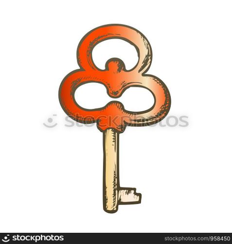 Key Filigree Old Design Antique Monochrome Vector. Opener Lock Element Classic Solid Steel Skeleton Key. Home Access Template Hand Drawn In Vintage Style Color Illustration. Key Filigree Old Design Antique Color Vector
