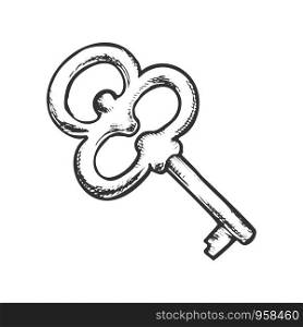 Key Filigree Old Design Antique Monochrome Vector. Opener Lock Element Classic Solid Steel Skeleton Key. Home Access Template Hand Drawn In Vintage Style Black And White Illustration. Key Filigree Old Design Antique Monochrome Vector
