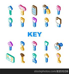 Key For Open And Close Padlock Icons Set Vector. Vintage And Modern Electronic Key With Fingerprint Scanner System, Car And House, Standard English And Ancient Style Color Illustrations. Key For Open And Close Padlock Icons Set Vector