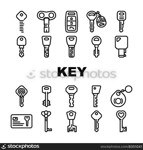 Key For Open And Close Padlock Icons Set Vector. Vintage And Modern Electronic Key With Fingerprint Scanner System, Car And House, Standard English And Ancient Style Color Illustrations. Key For Open And Close Padlock Icons Set Vector