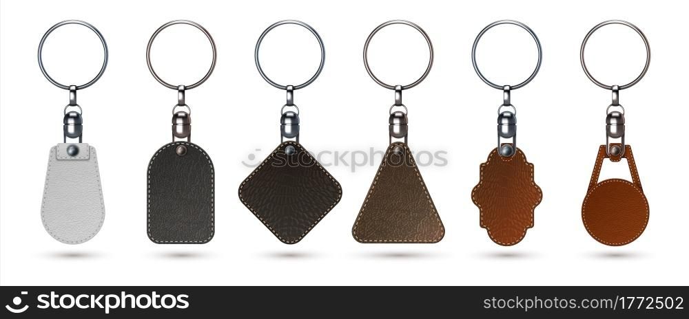 Key holder. Realistic keychain ring with faux calf leather tags. Isolated 3D premium fobs mockup. Stainless steel breloques and labels from natural materials. Vector keyrings template set for branding. Key holder. Realistic keychain ring with faux calf leather tags. Isolated 3D premium fobs mockup. Steel breloques and labels from natural materials. Vector keyrings set for branding