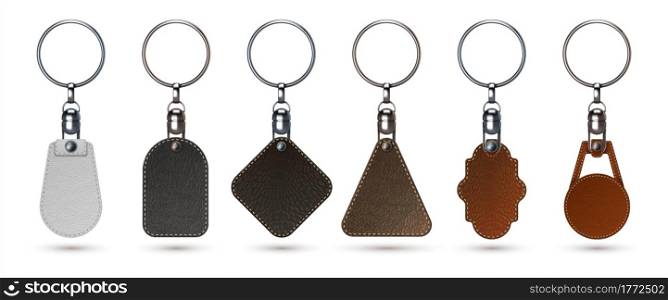 Key holder. Realistic keychain ring with faux calf leather tags. Isolated 3D premium fobs mockup. Stainless steel breloques and labels from natural materials. Vector keyrings template set for branding. Key holder. Realistic keychain ring with faux calf leather tags. Isolated 3D premium fobs mockup. Steel breloques and labels from natural materials. Vector keyrings set for branding