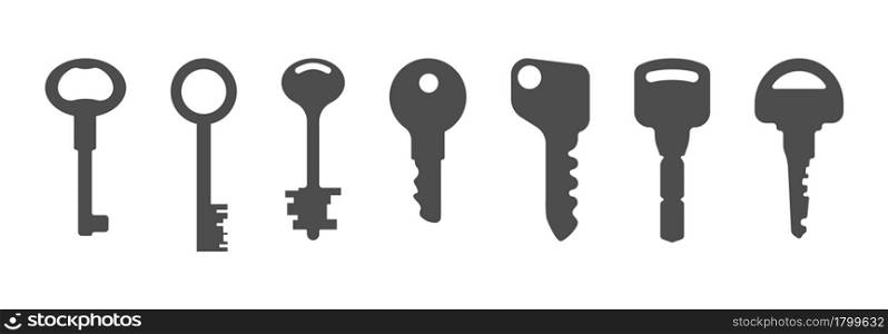 key icon. A set of keys of different shapes, sizes and purposes. Flat style.