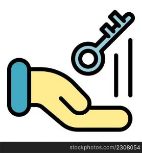Key in hand icon. Outline key in hand vector icon color flat isolated. Key in hand icon color outline vector