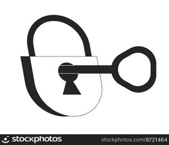 Key in padlock flat monochrome isolated vector object. Unlock. Editable black and white line art drawing. Simple outline spot illustration for web graphic design. Key in padlock flat monochrome isolated vector object