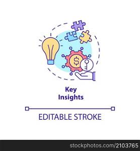 Key insights concept icon. Business intelligence tool benefit abstract idea thin line illustration. Analyzing data. Isolated outline drawing. Editable stroke. Roboto-Medium, Myriad Pro-Bold fonts used. Key insights concept icon