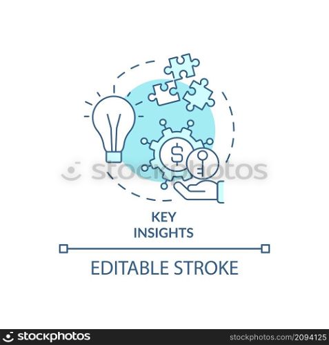 Key insights turquoise concept icon. Identifying cost savings abstract idea thin line illustration. Analyzing data. Isolated outline drawing. Editable stroke. Roboto-Medium, Myriad Pro-Bold fonts used. Key insights turquoise concept icon