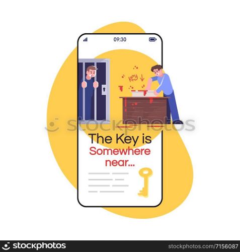 Key is somewhere near social media post smartphone app screen. Survival game, puzzle quest. Mobile phone display with cartoon characters design mockup. Escape room application telephone interface