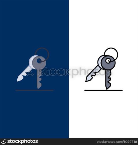 Key, Keys, Security, Room Icons. Flat and Line Filled Icon Set Vector Blue Background