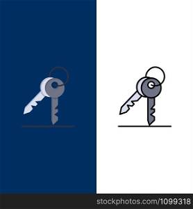 Key, Keys, Security, Room Icons. Flat and Line Filled Icon Set Vector Blue Background