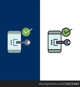 Key, Lock, Mobile, Open, Phone, Security Icons. Flat and Line Filled Icon Set Vector Blue Background