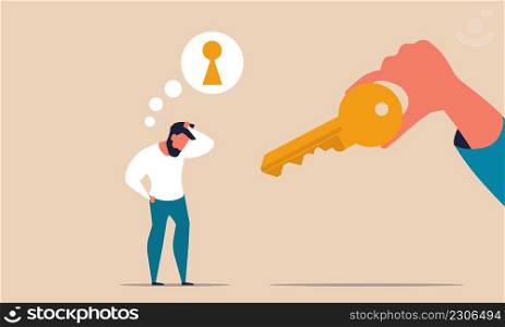 Key marketing and unlock solution to business. Finance exit and future motivation career vector illustration concept. Opportunity to solving problem and strategy think. Innovation market target