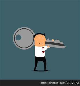 Key of success or solution key concept design usage. Cartoon confidently smiling businessman is carrying a huge key on shoulder. Businessman with a giant key on shoulder