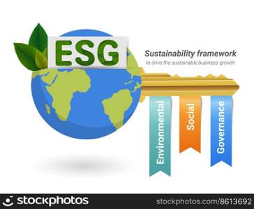 Key of Sustainable business, ESG concept- Environmental, Social, Governance. Business investment analysis model. Socially responsible investing strategy. Corporate sustainability performance. Vector illustration.